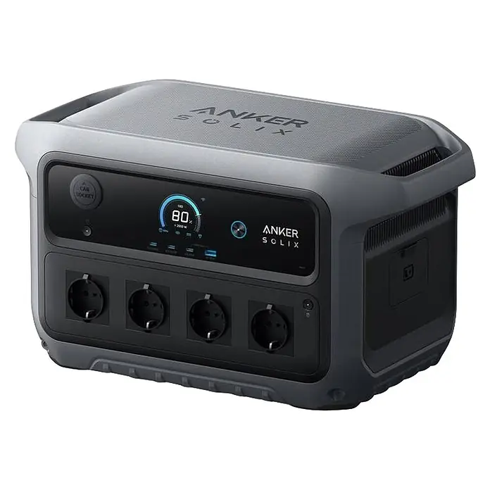 Anker Solix Powerstation C2000 Gen 2 - 2.048 Wh - Anker Solix tragbare Powerstation in Dunkelgrau mit digitaler Anzeige (80% Ladung, 2000W) und vier AC-Steckdosen.