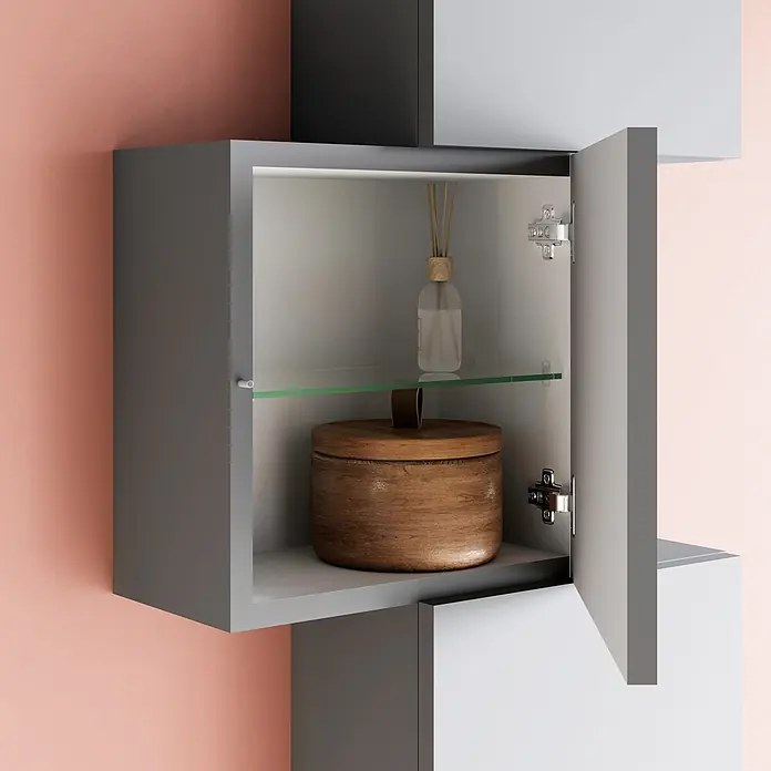 Kiamami Valentina Badmöbel-Set - Holz mittel - Offener grauer Wandschrank mit Glasablage, enthält Raumduft und Holzbox. Moderne Badezimmer-Aufbewahrungslösung.