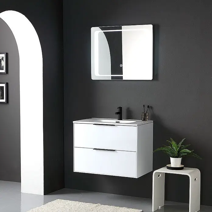 Kiamami Valentina Badmöbel-Set - Weiß - Moderne weiße wandmontierte Badmöbel mit zwei Schubladen, schwarzem Wasserhahn und beleuchtetem Spiegel.