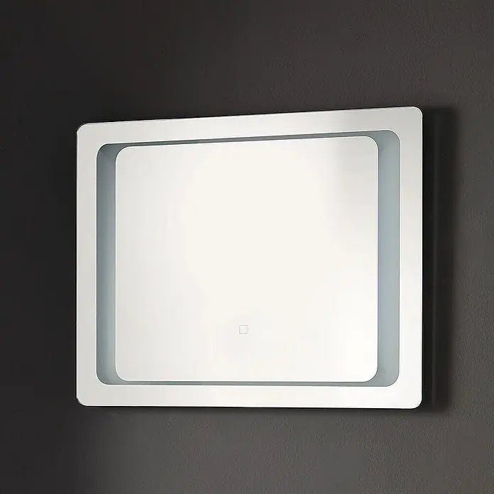 Kiamami Valentina Badmöbel-Set - Weiß - Rechteckiger LED-Badspiegel mit abgerundeten Ecken und beleuchtetem Innenrand, mit Touch-Sensor.