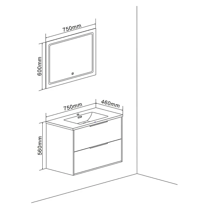Kiamami Valentina Badmöbel-Set - Weiß - Wandhängender Waschtisch mit Waschbecken und zwei Schubladen (750x460x560mm) sowie einem rechteckigen Spiegel (750x600mm).