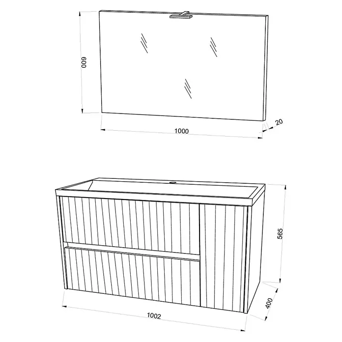 Kiamami Valentina Badmöbel-Set - Braun - Weißer Badezimmerschrank mit Lamellenfront, integriertem Waschbecken und passendem rechteckigem Spiegel mit Leuchte.