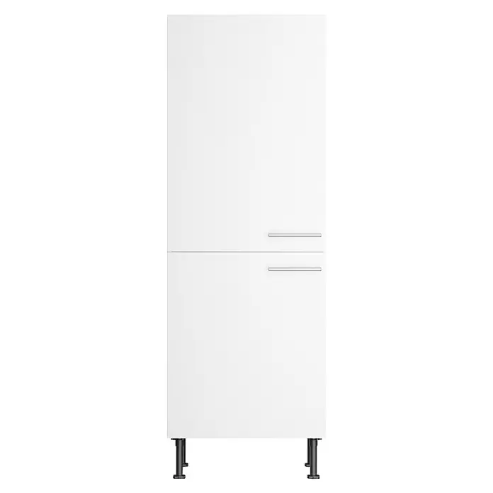 Optifit Optikomfort Küchen-Hochschrank Bengt932 - B x T x H: 60 x 60 x 176,6 cm, Weiß - Weißer Hochschrank mit zwei Fächern, silbernen Horizontalgriffen und schwarzen Stellfüßen.