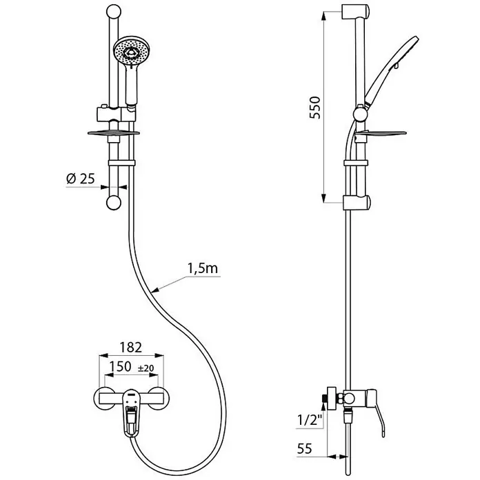 Delabie Duschsystem Delabie Duschsystem mit EHM 2739S Securitouch,Stdd-Anschlüsse -  - Bemaßte Zeichnung eines Duschsets mit Handbrause, Brausestange, Schlauch und Mischbatterie.