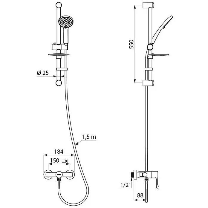 Delabie Duschsystem Delabie DU-Sys m. Br.-Therm. sequentiell H9630S,Standard-Anschlüsse -  - Technische Zeichnung eines Duschsets mit Mischer, Brausestange (550mm), Handbrause und 1,5m Schlauch. Zeigt Maße und 1/2" Anschluss.