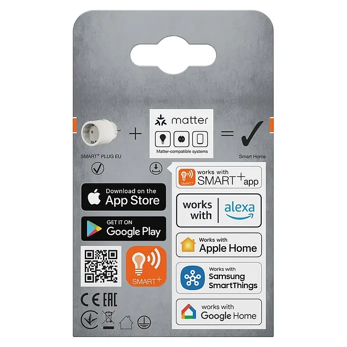 Osram Smart+ Smart-Steckdose matter - Weiß, Max. Anschlussleistung: 2.300 W - Verpackung eines Smart Plugs mit Kompatibilität zu Matter, Alexa, Apple Home, Google Home, Samsung SmartThings und SMART+ App.