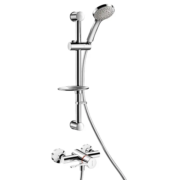 Delabie Duschsystem Delabie DU-Sys m. Br.-Therm. sequentiell H9630S,Standard-Anschlüsse -  - Verchromtes Duschsystem mit verstellbarer Stange, Handbrause, Seifenablage und Mischbatterie.