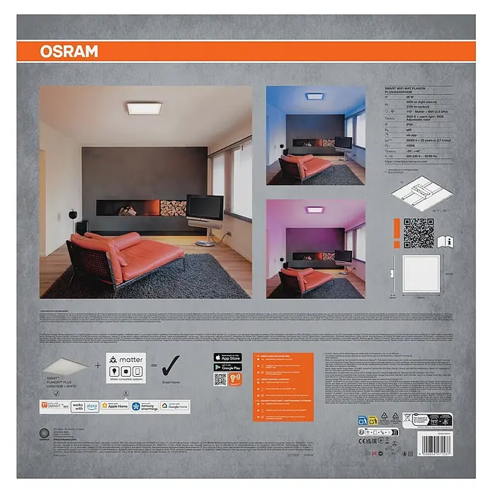Osram Smart+ LED-Panel Planon Plus - L x B x H: 45 x 45 x 5,6 cm, Weiß, RGBW - Quadratische, flache OSRAM SMART+ WLAN-LED-Deckenleuchte in einem Wohnzimmer, mit einstellbarem RGB- und Warmweißlicht. Produktspezifikationen.