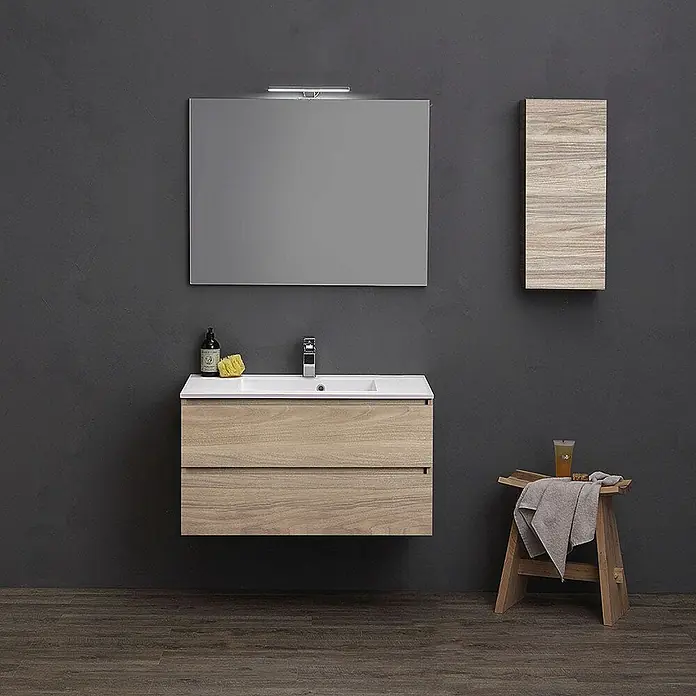 Kiamami Valentina Badmöbel-Set - Helles Holz - Freischwebender Badunterschrank aus hellem Holz mit weißem Waschbecken, passendem Spiegel und Wandschrank.