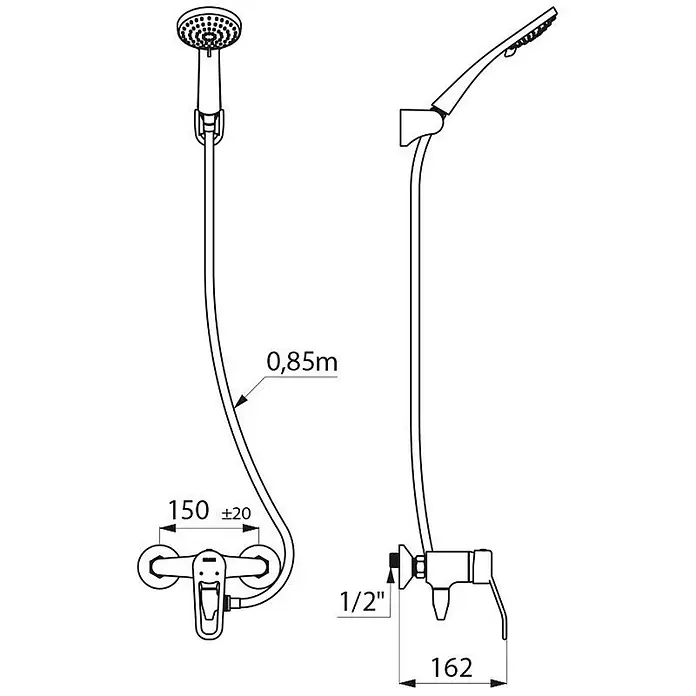 Delabie Duschsystem Delabie Duschsystem selbstentleerend m. EHM 2539S, Standard-Anschl. -  - Ein Duschset aus Metall mit Mischbatterie (1/2" Anschluss, 150mm Montage), 0,85m Schlauch und Handbrause.