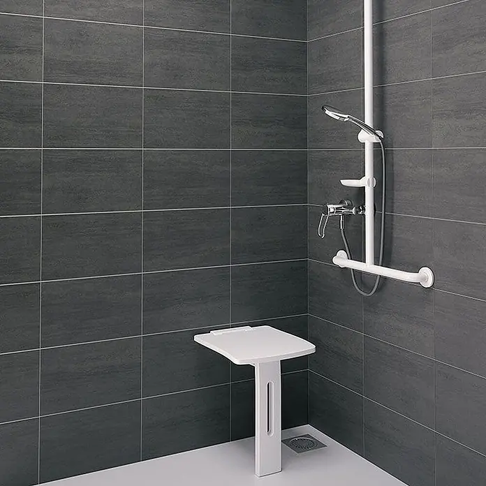 Delabie Duschsystem 2739EPHYG -  - Barrierefreie Dusche mit weißem Klappsitz, Haltegriff und verstellbarem Duschkopf.