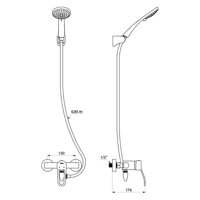 Delabie Duschsystem Delabie Duschsystem selbstentl. m. Armatur 2739EPS Securitouch,Stdd. -  - Strichzeichnung eines Brausesets: Handbrause, 0,85m Schlauch und Wandmischbatterie mit 150mm Breite und 1/2" Anschluss.