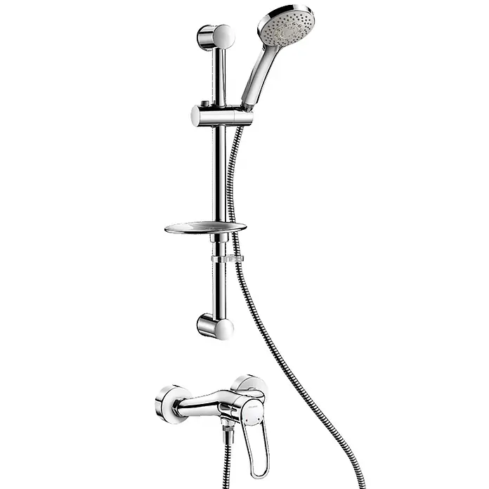 Delabie Duschsystem Delabie Duschsystem mit Einhebelmischer 2539S, Standard S-Anschlüsse -  - Verchromtes Duschset mit Handbrause, verstellbarer Brausestange, Seifenschale und Einhebelmischer.