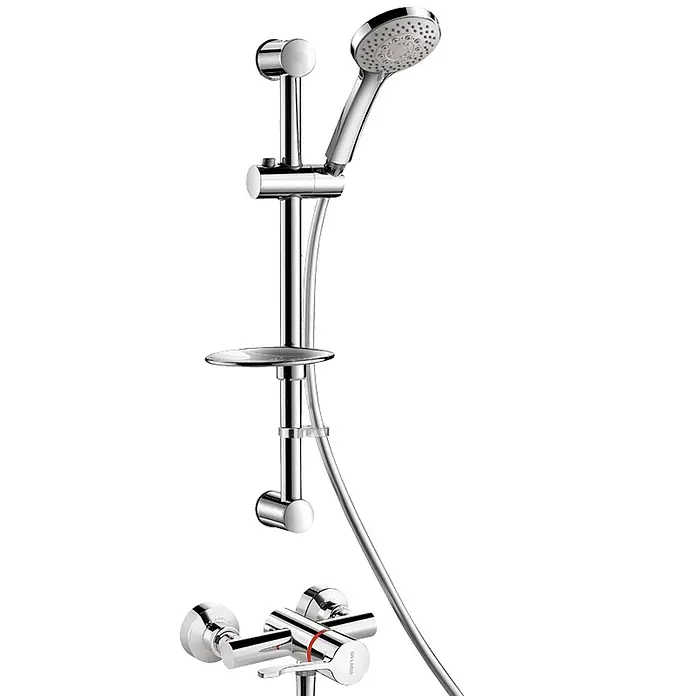 Delabie Duschsystem Delabie DU-Sys mit Br.-Therm. sequentiell H9630,STOP/CHECK-Anschl. -  - Verchromtes Brausesystem mit verstellbarer Handbrause an Stange, Seifenschale und Mischbatterie.