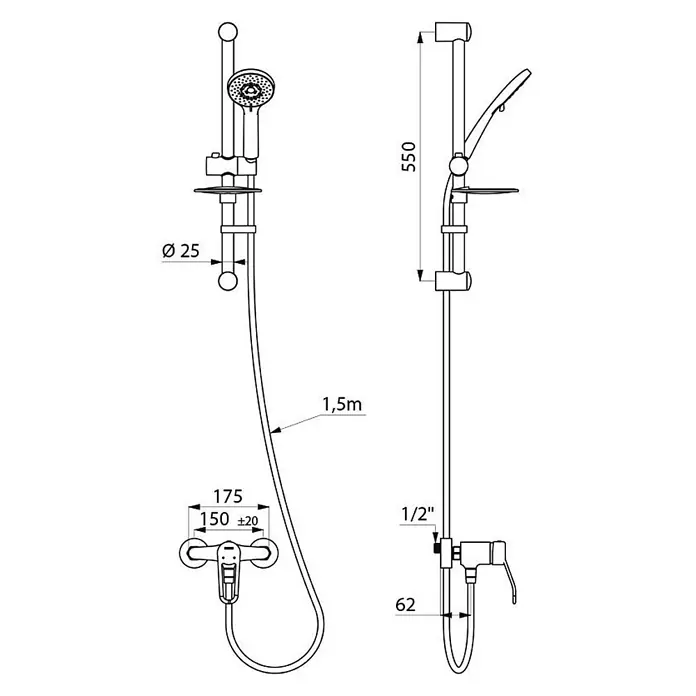 Delabie Duschsystem Delabie Duschsystem mit Einhebelmischer 2539S, Standard S-Anschlüsse -  - Chrom Duschsystem mit Mischer, Handbrause, verstellbarer Stange und 1,5m Schlauch. Stangendurchmesser 25mm.