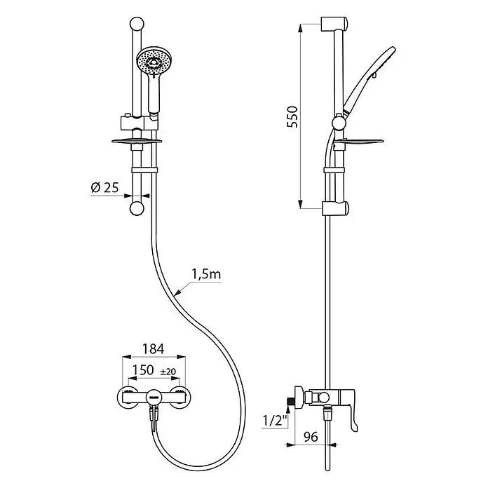 Delabie Duschsystem Delabie DU-Sys mit Br.-Therm. sequentiell H9630,STOP/CHECK-Anschl. -  - Duschset mit verstellbarer Stange, Handbrause, 1,5 m Schlauch und Mischbatterie, inklusive Maßangaben zur Installation.