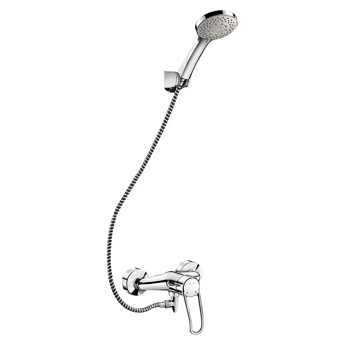 Delabie Duschsystem Delabie Duschsys selbstentl. + Armatur 2539EP, S-Anschl. STOP/CHECK -  - Eine polierte Chrom-Handbrause mit flexiblem Schlauch, verbunden mit einer Einhebel-Mischbatterie.