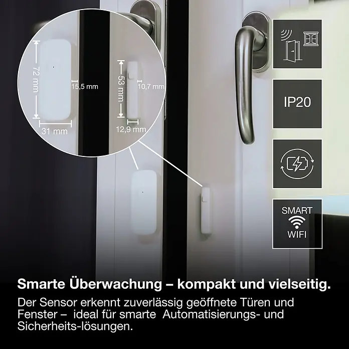 Ledvance Smart+ WiFi Funk-Fensterkontakt - Weiß, 3,1 x 2,4 x 7,2 cm - Weißer smarter Tür-/Fenstersensor mit Abmessungen, IP20-Schutz, Batteriebetrieb und WLAN-Konnektivität zur Überwachung offener Zugänge.