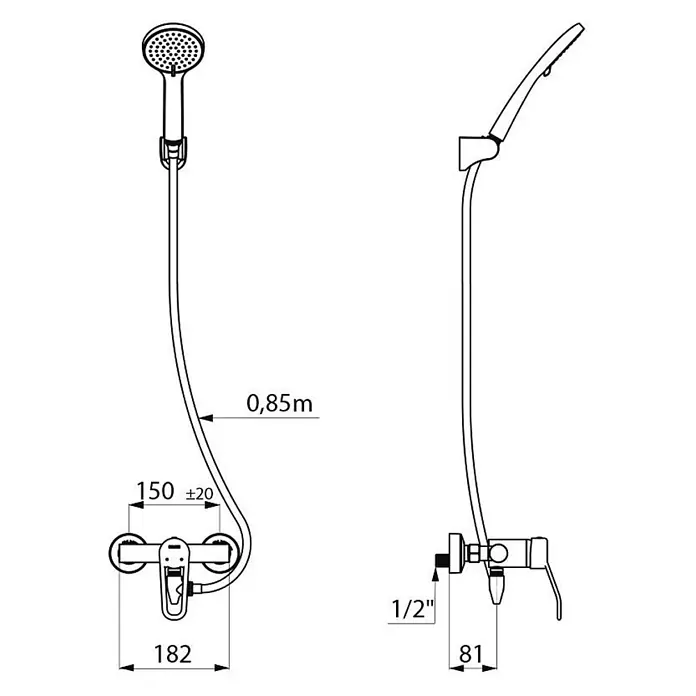 Delabie Duschsystem 2739EPHYG -  - Technische Zeichnung eines Brausesets mit Handbrause, Schlauch und Wandmischbatterie, inklusive Maßen.