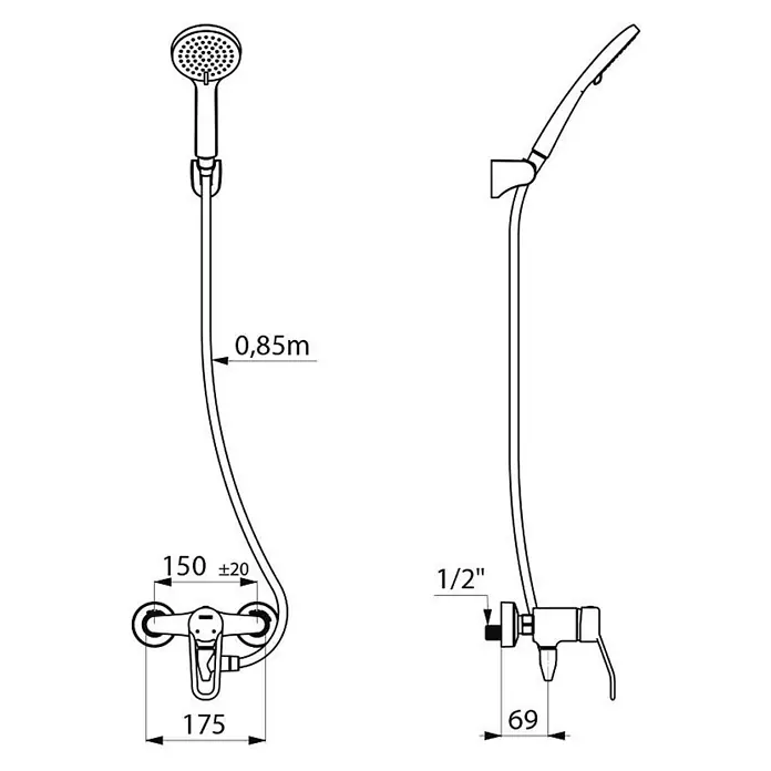 Delabie Duschsystem Delabie Duschsys selbstentl. + Armatur 2539EP, S-Anschl. STOP/CHECK -  - Chrom Duscharmatur mit 0,85m Schlauch und Handbrause. Anschluss 1/2", Stichmaß 150mm (+/-20).
