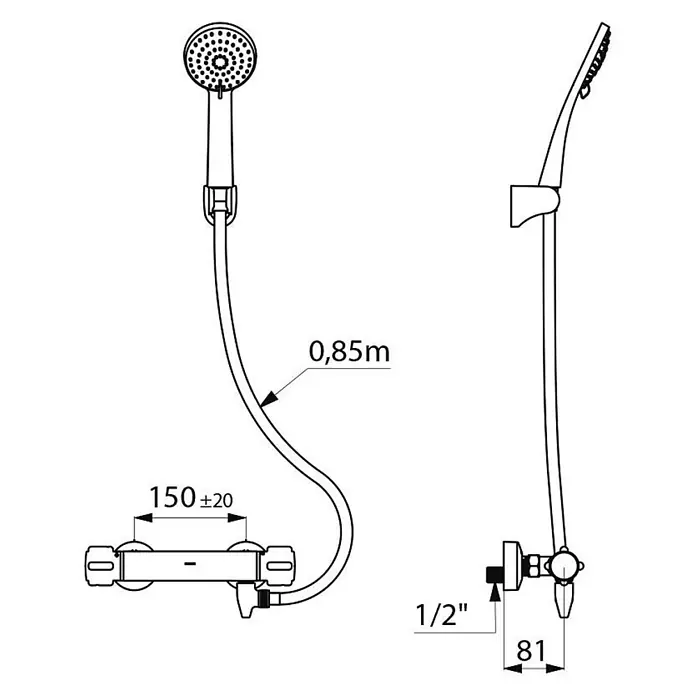 Delabie Duschsystem Delabie DU-Sys selbstentleerend, Br.-Therm. H9739,STOP/CHECK-Anschl. -  - Duschset mit Handbrause, 0,85m Schlauch, Thermostatmischer (150mm) und Halterung.