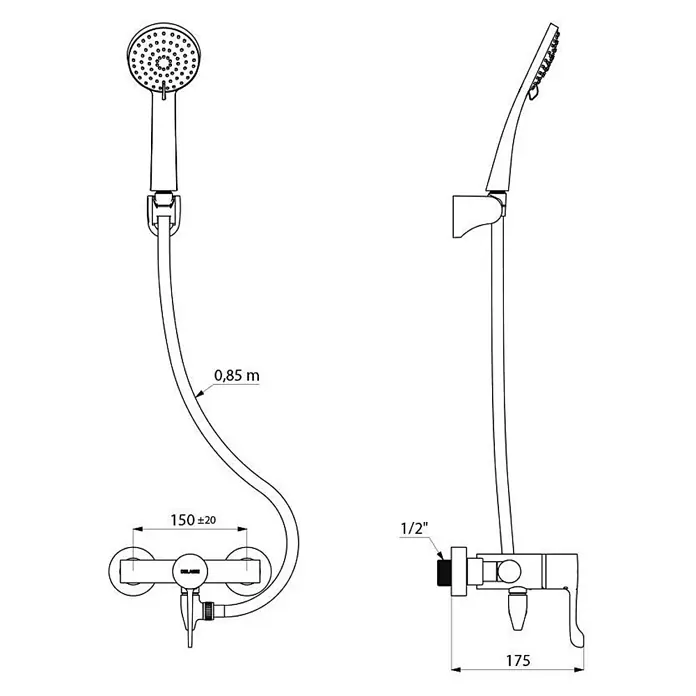 Delabie Duschsystem Delabie DU-Sys selbstentl., Br.-Therm. sequentiell, H9630S, Stdd. -  - Technische Zeichnung eines Duschmischers aus Metall mit Handbrause und 0,85 m Schlauch. Merkmale: 150±20 Installationsbreite, 1/2" Anschluss, 175 Tiefe.