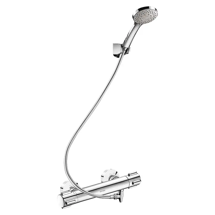 Delabie Duschsystem Delabie DU-Sys selbstentleerend, Br.-Therm. H9739,STOP/CHECK-Anschl. -  - Verchromtes Duschset mit Handbrause, flexiblem Schlauch und einem Thermostatmischer.