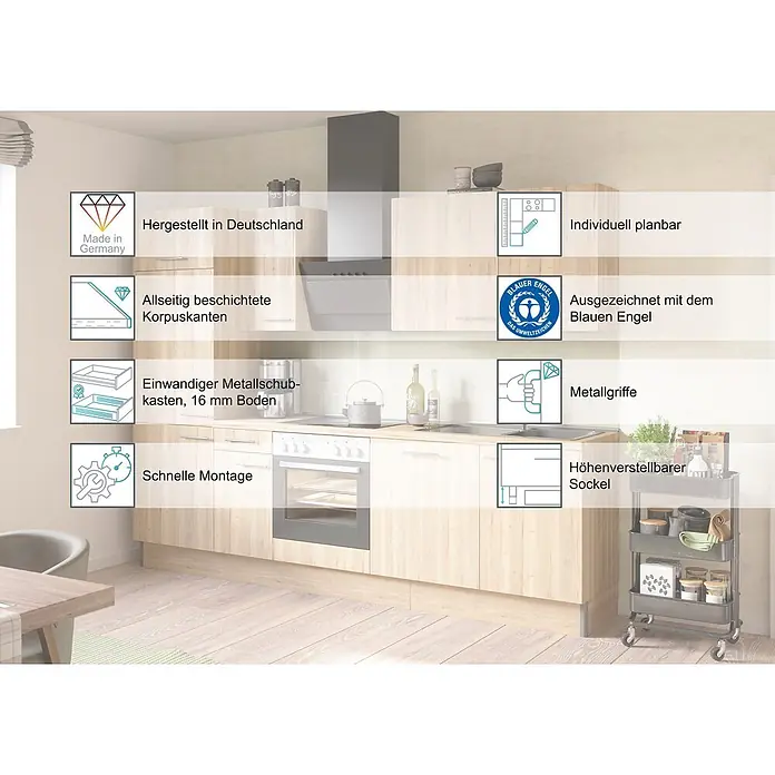 Optifit Küchenleerblock Bengt932 - Breite: 210 cm, Weiß, Ohne Elektrogeräte - Moderne Küche mit heller Holzoptik und dunkler Arbeitsplatte, hebt Merkmale wie "Made in Germany", "Blauer Engel" zertifiziert und schnelle Montage hervor.