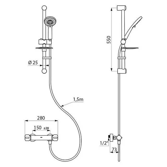 Delabie Duschsystem Delabie Duschsystem mit Brausethermostat H9739S, Standard-Anschlüsse -  - Technische Zeichnung eines Brausesets mit Handbrause, flexiblem Schlauch, verstellbarer Brausestange und Mischbatterie.