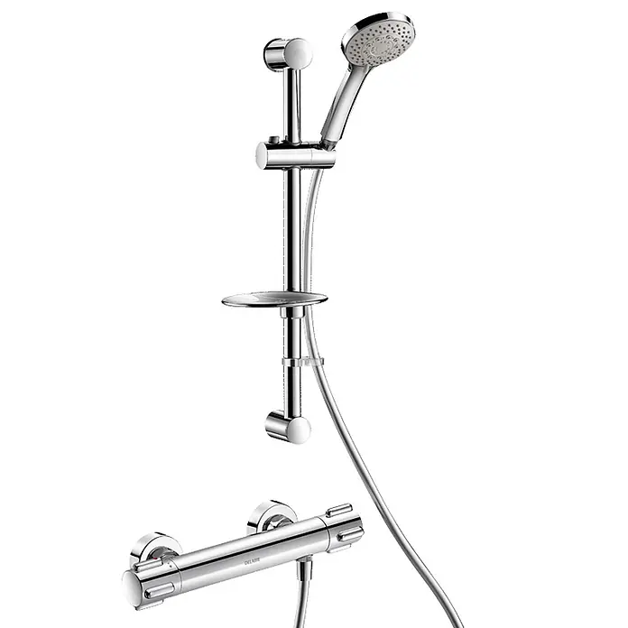 Delabie Duschsystem Delabie Duschsystem mit Brausethermostat H9739S, Standard-Anschlüsse -  - Verchromtes Duschset mit verstellbarer Brause an einer Gleitstange, flexiblem Schlauch und Thermostatmischer.