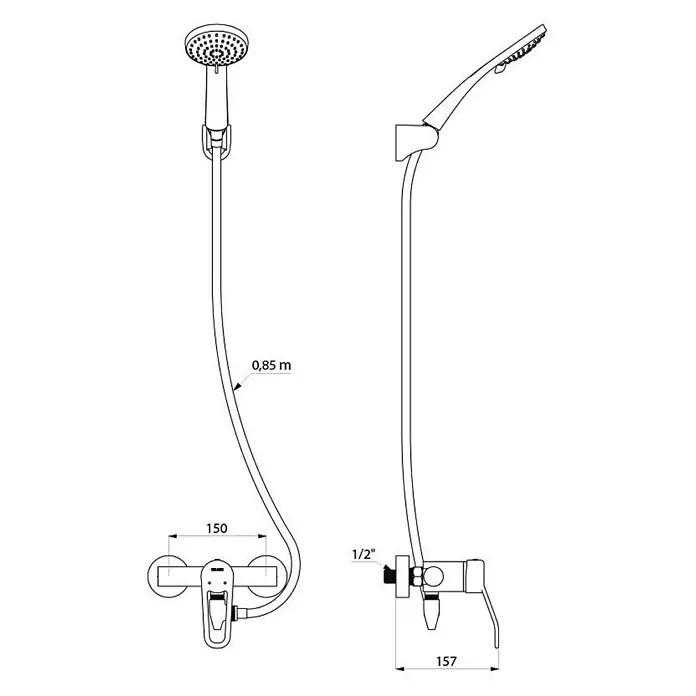 Delabie Duschsystem Delabie Duschsystem selbstentl. m. Armatur 2739S Securitouch,Stdd. -  - Technisches Zeichnung eines Duschsets mit Mischbatterie, flexiblem Schlauch und zwei Duschköpfen.