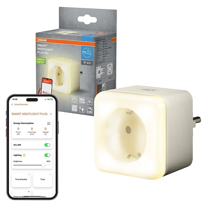 Ledvance Smart+ WiFi LED-Nachtlicht - L x B x H: 57 x 84 x 57 mm - Weißer OSRAM Smart+ Nachtlicht-Stecker EU mit Energiemesser, Verpackung und Smartphone-App-Oberfläche.