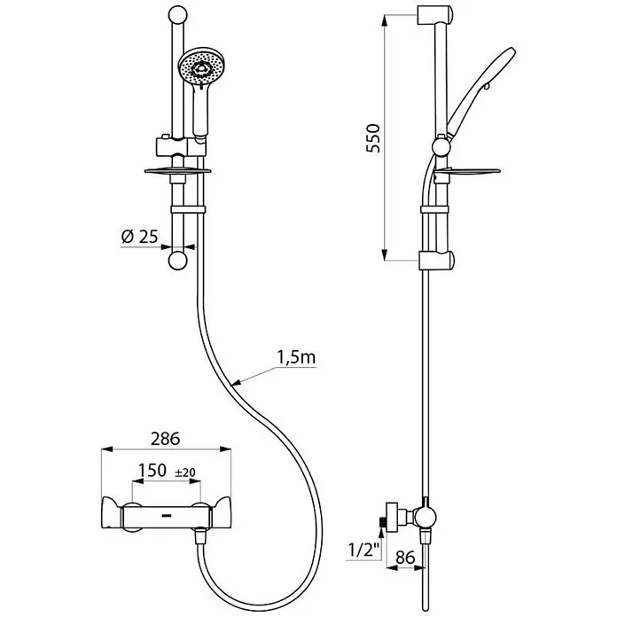 Delabie Duschsystem H9741KIT -  - Technische Zeichnung eines Duschsets mit Handbrause, Schlauch, Duschstange und Mischer, Maße anzeigend.