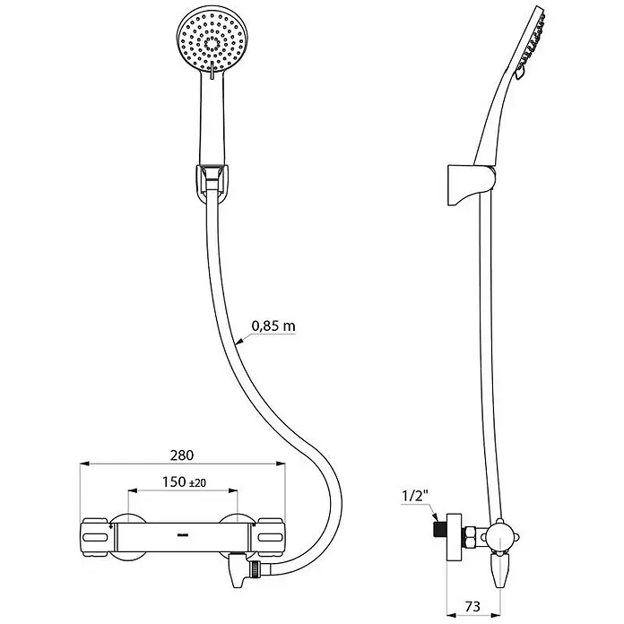 Delabie Duschsystem Delabie Duschsystem selbstentleerend, Br.-Therm. H9739S,Stdd-Anschl. -  - Technische Zeichnung eines Duschsets mit Mischbatterie, 0,85m Schlauch und Handbrause. Wichtige Maße für die Installation sind angegeben.