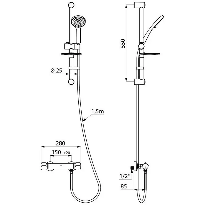 Delabie Duschsystem H9739KIT -  - Bemaßtes Schema eines Duschsets mit Mischer, Brausestange mit Handbrause und 1,5m Schlauch.