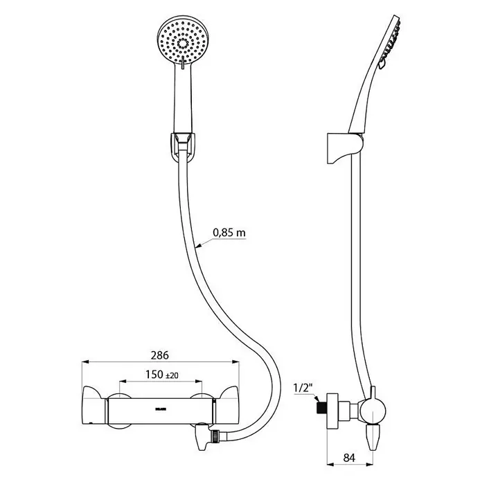 Delabie Duschsystem Delabie Duschsystem selbstentl., Br.-Therm. Securitouch H9741S,Stdd. -  - Technische Zeichnung eines Brausesets mit Handbrause, Schlauch und Armatur, inklusive Maßen und Anschlussdetails.