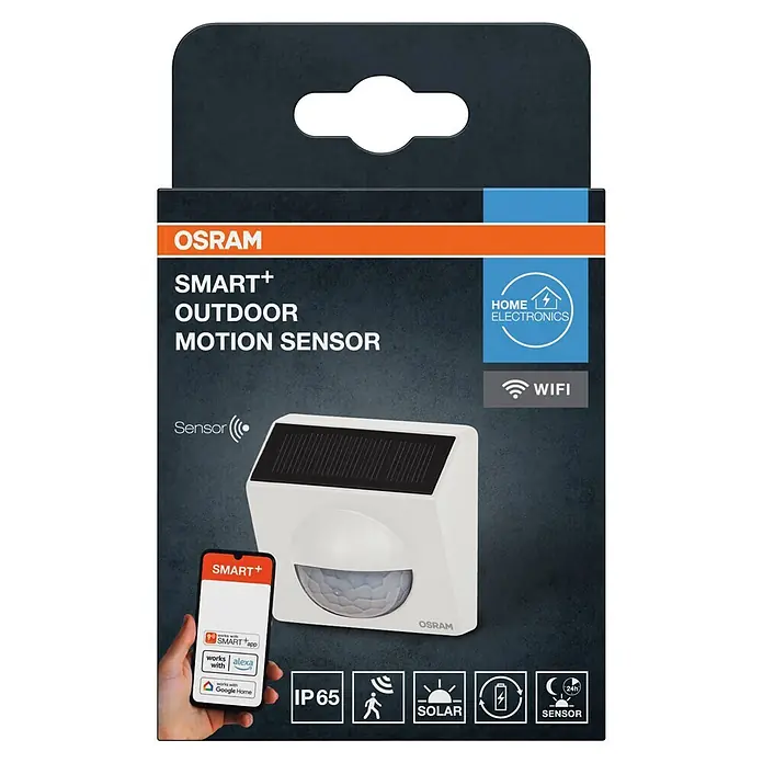 Osram Smart+ Bewegungsmelder Outdoor - Weiß - Verpackung des OSRAM SMART+ Outdoor Bewegungsmelders mit weißem Sensor, Solarpanel, Smartphone-App-Integration und Funktionen wie IP65 und WLAN.