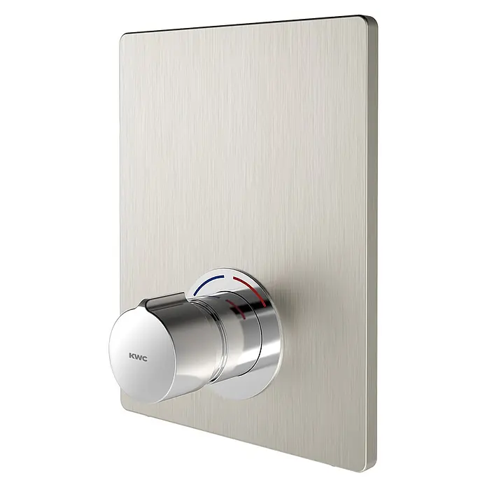 KWC Waschbecken KWC -  - Duschthermostat aus gebürstetem Edelstahl mit Chromgriff, rot/blauen Temperaturanzeigen und KWC-Logo.
