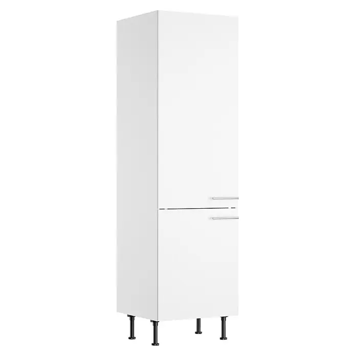 Optifit Optikomfort Küchen-Hochschrank Bengt932 - B x T x H: 60 x 58,3 x 211,8 cm, Weiß - Weißer Hochschrank mit zwei Türen, silbernen Griffen und schwarzen Füßen.