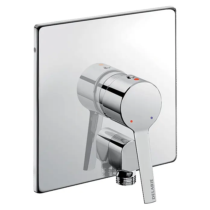 Delabie UP-Brausearmatur Delabie Brausearmatur UP dicht m. Anschlussbogen, Teil 2/2 (+254CBOX) - Messing verchromt - Wandmontierter Duschmischer aus poliertem Chrom mit quadratischer Blende, Hebelgriff und roten/blauen Temperaturanzeigen von DELABIE.
