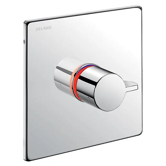 Delabie UP-Brausearmatur Delabie Brausearmatur SECURITH. sequent. UP dicht,Teil 2/2 - +H96BOX - Verchromte DELABIE Thermostat-Brausearmatur mit quadratischer Rosette und zylindrischem Griff mit rot/blauem Temperaturindikator.