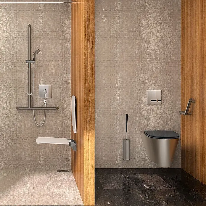 Delabie UP-Brausearmatur Delabie Brausearmatur Unterputz dicht, Teil 2/2 - +254BOX - Barrierefreies Bad mit silbernem Duschsystem, Klappsitz und Haltegriffen. Beinhaltet eine wandhängende Toilette mit Haltegriff.