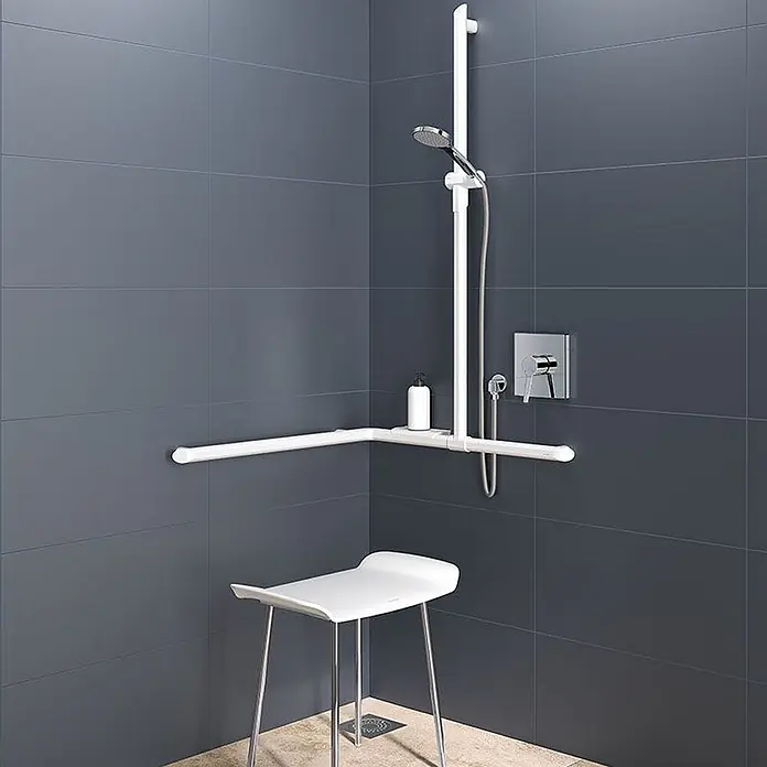 Delabie UP-Brausearmatur Delabie Brausearmatur EP Unterputz wasserdicht, Teil 2/2 - +254BOX - Barrierefreie Duschvorrichtung mit weißem L-förmigem Haltegriff, integrierter Brause und weißem Duschhocker.