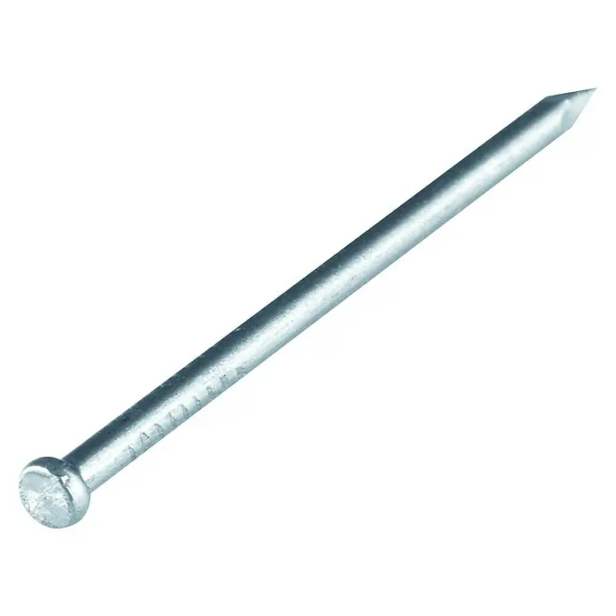 Suki Sockelleisten-StifteØ x L: 1,4 x 25 mm, Galvanisch verzinkt, Stahl, 90 Stk. - Ein einzelner, silberfarbener Nagel mit flachem Kopf und spitzer Spitze, isoliert auf weißem Hintergrund.