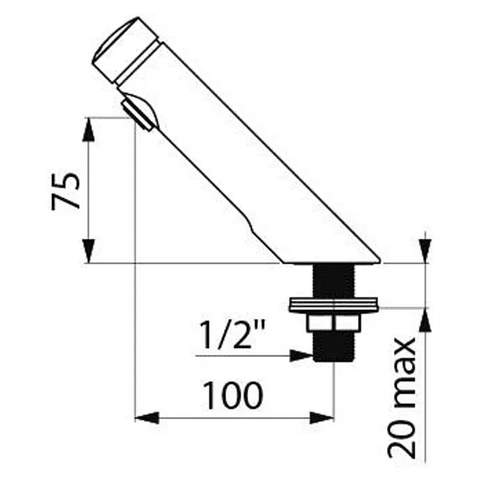 Delabie Waschtischarmatur Delabie - Chrom - Technisches Diagramm eines schrägen Wasserauslaufs mit 1/2-Zoll-Anschluss und Abmessungen.