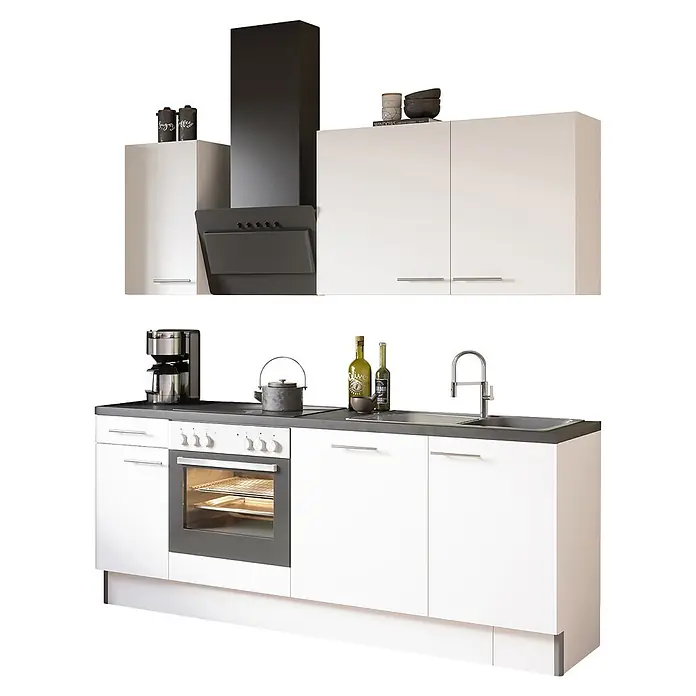 Optifit Küchenleerblock Bengt932 - Breite: 210 cm, Weiß, Ohne Elektrogeräte - Moderne Küche mit weißen Schränken, dunkelgrauer Arbeitsplatte, schwarzer Dunstabzugshaube, integriertem Backofen, Kochfeld und Spüle.