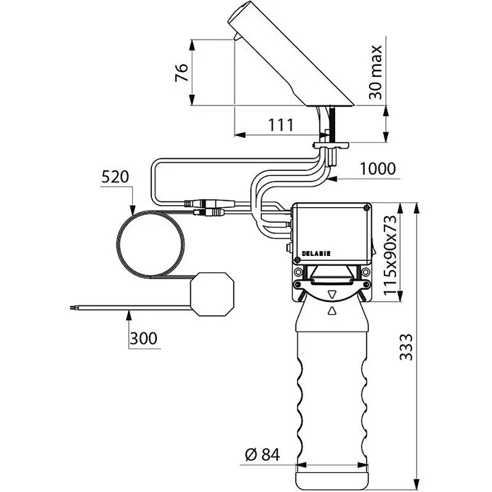 Delabie Waschbecken Delabie -  - Technische Zeichnung eines solarbetriebenen Wasserpumpen-/Filtersystems mit Solarpanel, Steuerung, Filtergehäuse und Verbindungskabeln/-schläuchen.
