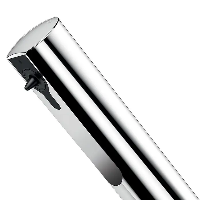 Delabie Waschbecken Delabie -  - Glänzender zylindrischer Sensor-Wasserhahn/Seifenspender aus Chrom mit schwarzer Düse.