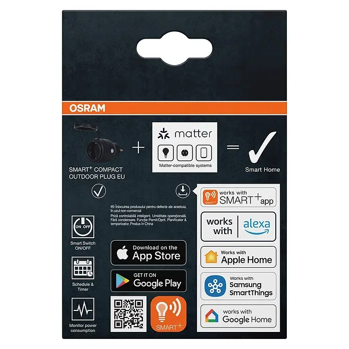 Osram Smart-Steckdose mit Deckel matter - Außen, IP44, Schwarz, 16 A, 1 Stk. - Schwarze, kompakte OSRAM SMART+ Outdoor-Steckdose EU auf Verpackung, mit Smart-Home-Kompatibilität.