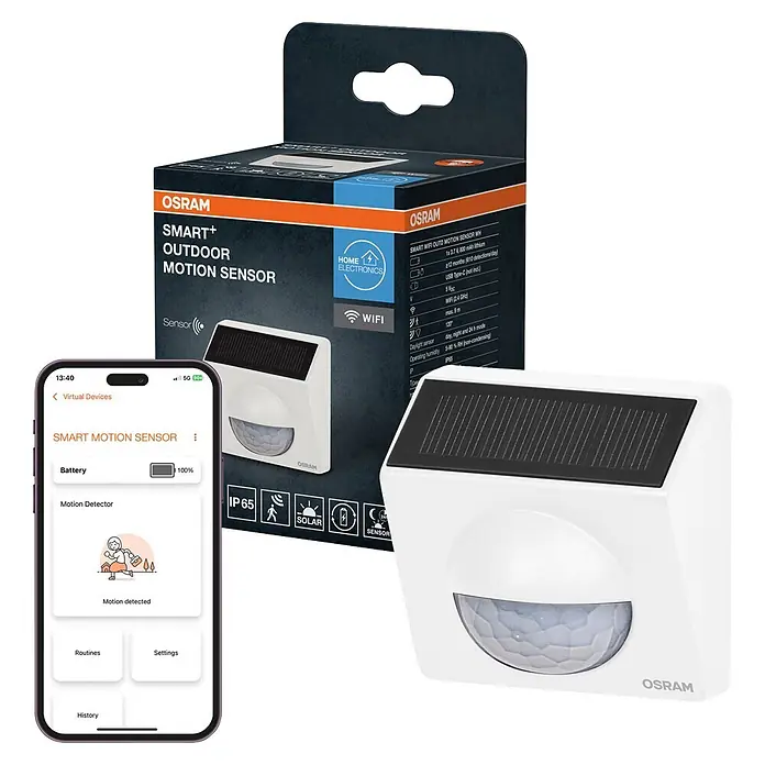 Osram Smart+ Bewegungsmelder Outdoor - Weiß - Weißer Osram Smart+ Outdoor-Bewegungsmelder mit Solarpanel für drahtlose Smart-Home-Sicherheit, mit Verpackung und App.